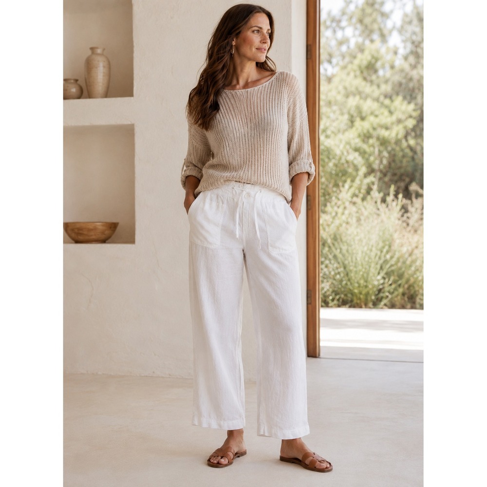 CAbi 100% Linen Pants L White Drawstring Wide Leg Relaxed Coastal  SEE NOTE